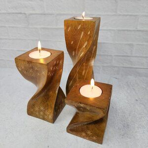 Vtg Hand Carved Wood Candle Holders Set 3 Wooden Tealight Candlesticks‎ Natural